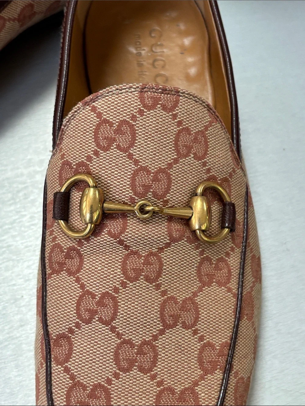 Gucci Men’s Beige/Brown GG Canvas Horsebit Loafers US 8 Authentic
